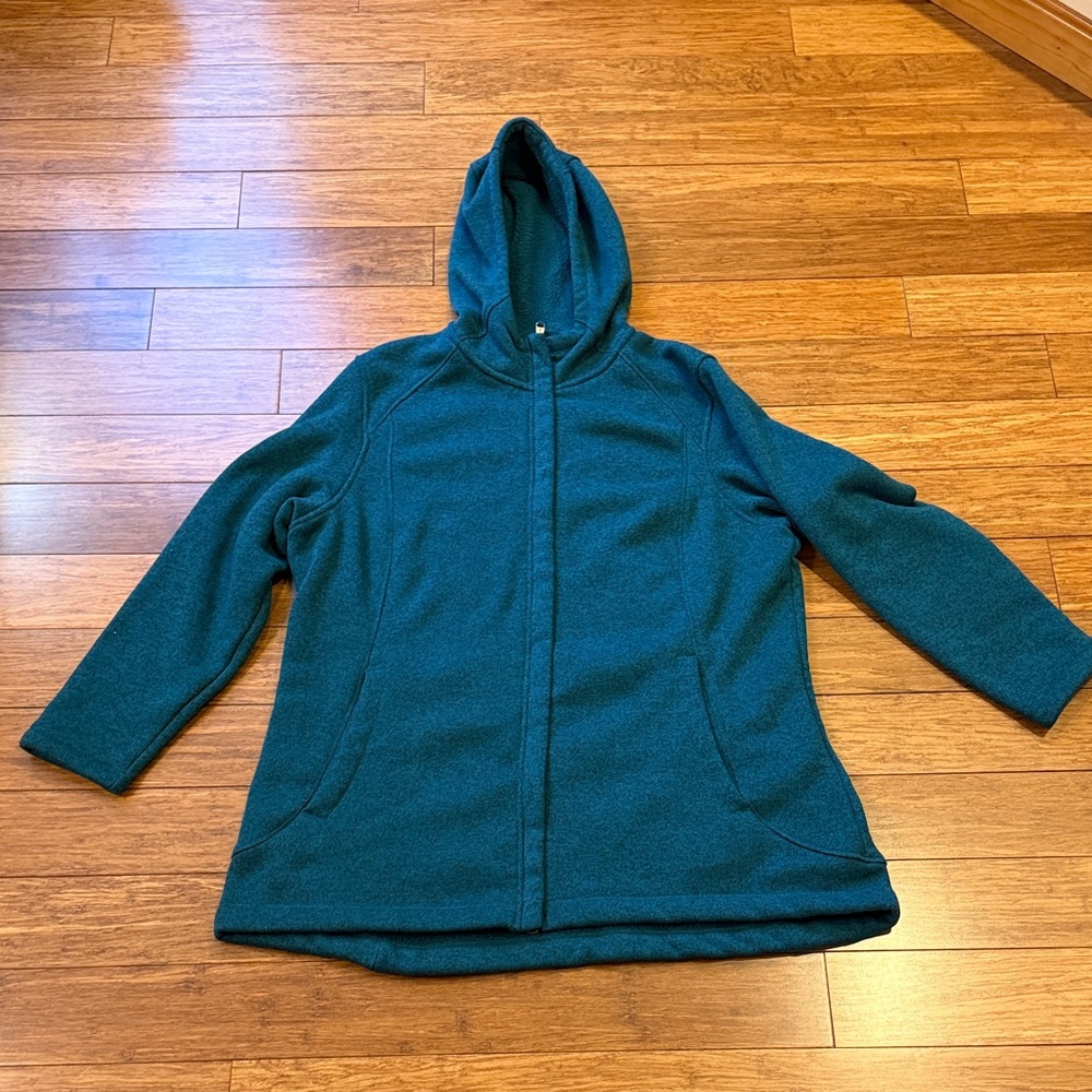 Lands' End Women's Teal sweater fleece Jacket hip length 1x